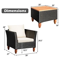 Gymax 3PCS Patio Conversation Furniture Set w/ Wooden Table Top & Feet Cushions
