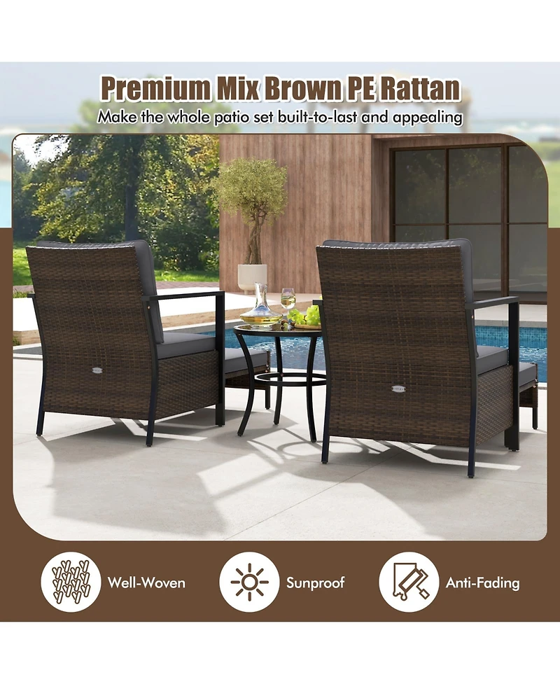 Gymax Set of 5 Furniture Rattan Chairs & Ottomans w/ Glass Topped Coffee Table Patio