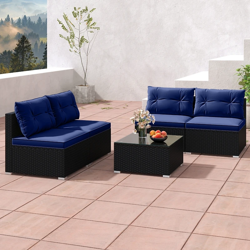 Gymax 5 Pcs Patio Furniture Set w/ Seat & Back Cushions Tempered Glass Tabletop