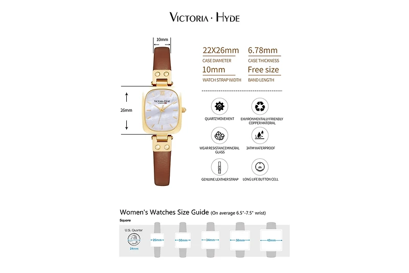 Women's Watch 22×26mm Rectangle Mother-of-pearl or Brushed Sunburst Dial Victoria Hyde