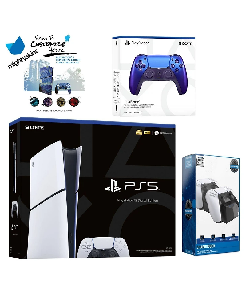 Sony PlayStation 5 Slim Digital with Extra White Controller, Dual Charging Dock and MightySkins Decal Voucher