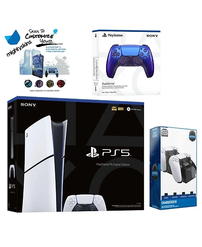 Sony PlayStation 5 Slim Digital with Extra White Controller, Dual Charging Dock and MightySkins Decal Voucher