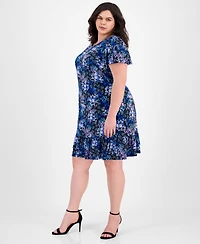 Connected Plus Size Printed Scoop-Neck Flutter-Sleeve Shift Dress