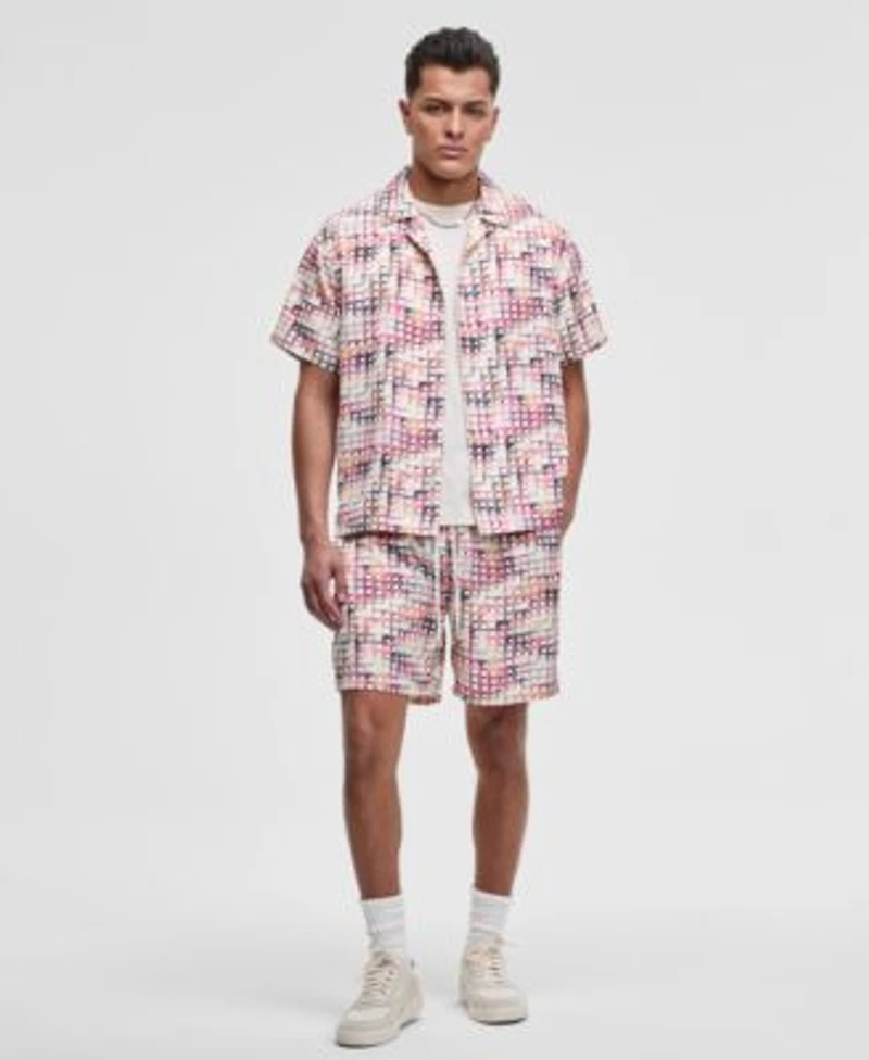 Mode Of One Mens Squared Up Relaxed Fit Geo Print Button Down Shiny Twill Camp Shirt Relaxed Fit Geo Print 6 1 2 Shiny Twill Shorts Exclusively At Macys