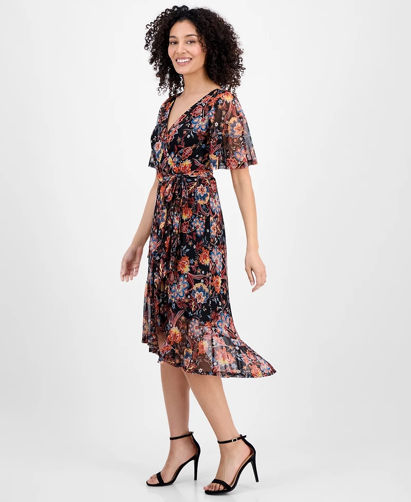 Connected Petite Printed Mesh High-Low Faux-Wrap Dress