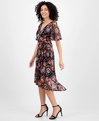 Connected Petite Printed Mesh High-Low Faux-Wrap Dress