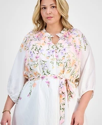 Sandra Darren Plus Placed-Floral Tie-Waist Shift Dress