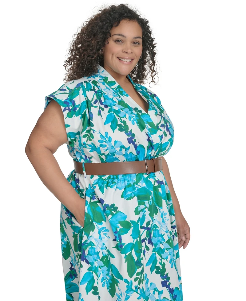 Calvin Klein Plus Floral-Print Belted Midi Dress