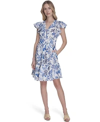 Eliza J Petite Floral Flutter-Sleeve Smocked-Waist Dress