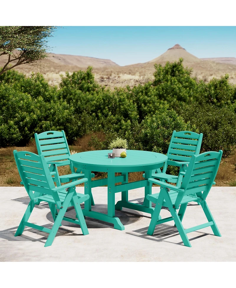 5-Piece Hdpe Round Patio Dining Table Set with Foldable Chairs