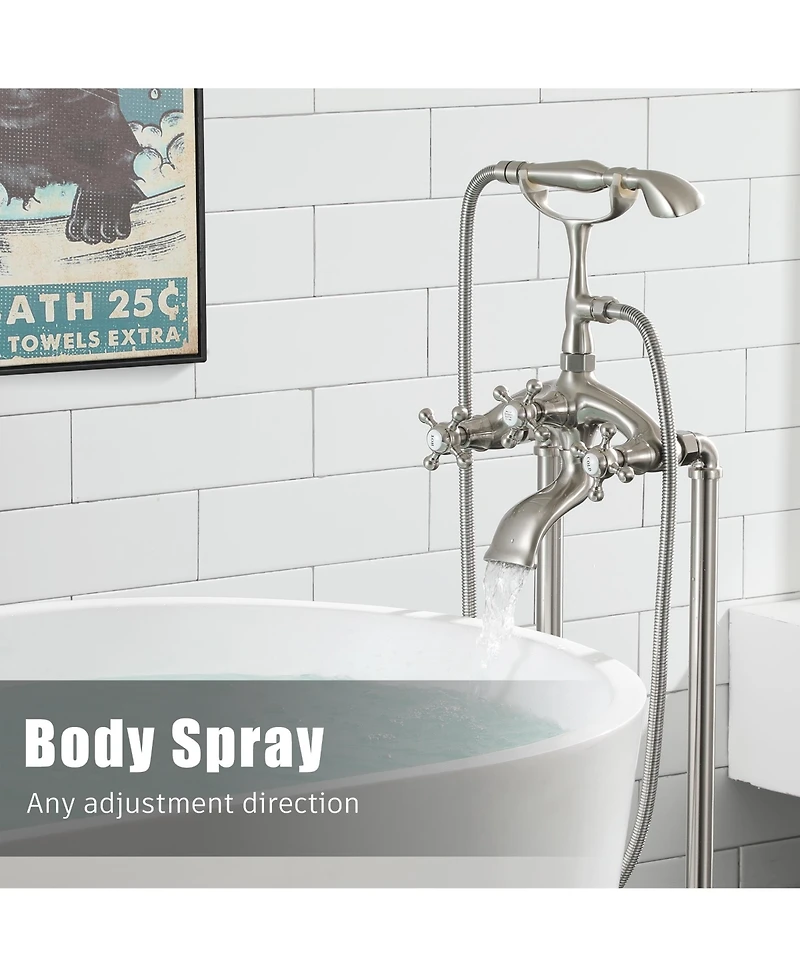 Brushed Nickel Freestanding Faucet Bathtub Floor Mount Tub Filler with Handheld Shower Spray Lever Telephone Shape Bathroom Mixing Tap
