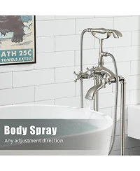 Brushed Nickel Freestanding Faucet Bathtub Floor Mount Tub Filler with Handheld Shower Spray Lever Telephone Shape Bathroom Mixing Tap