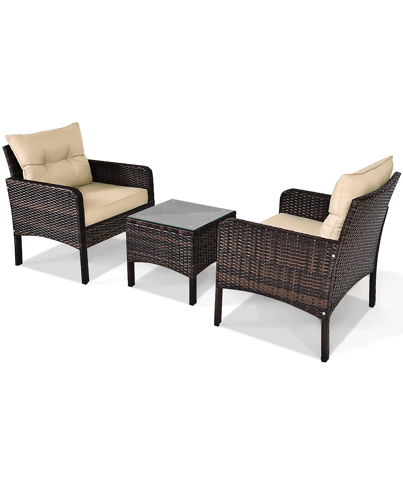 Gymax 3PCS Outdoor Patio Rattan Furniture Set w/ Chairs Coffee Table Cushions