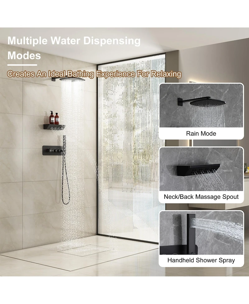 12 Inch Wall Mounted Thermostatic Shower System with Handheld Sprayer Rainfall Shower System with Neck/Back Massage Spout Shampoo Shelf