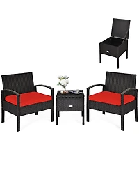 Gymax 3 Piece Outdoor Rattan Conversation Furniture Set w/ Cushion & Storage Table