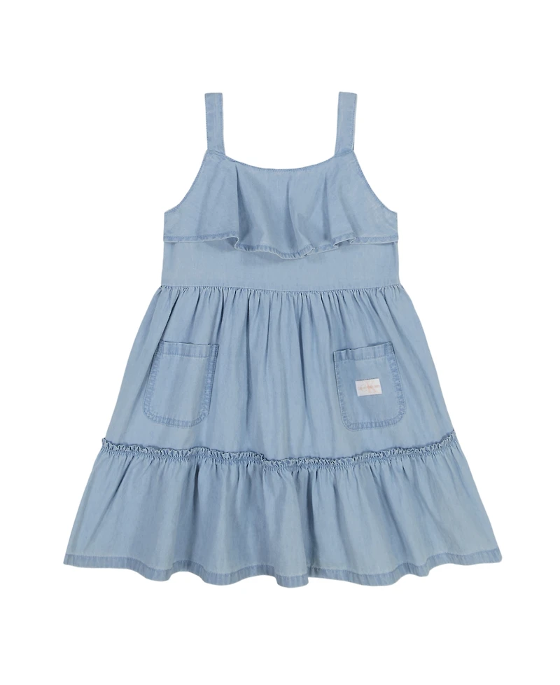 Calvin Klein Toddler and Little Girls Patch Pocket Ruffled Hem Denim Dress