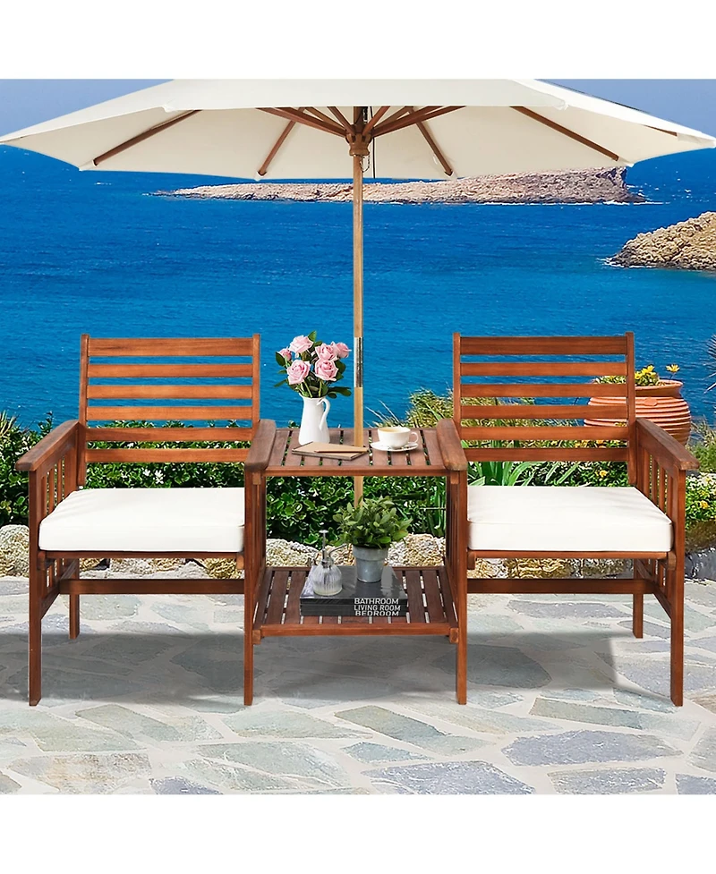 Gymax Patio Outdoor Conversation Set Acacia Wood Loveseat w/ Cushion Table