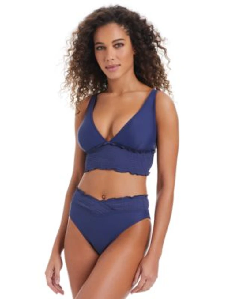 Bar Iii Womens Wave Solids Longline Bikini Top Smocked V Waist High Leg Bikini Bottoms Exclusively At Macys
