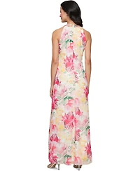 Sl Fashions Women's Floral-Print Beaded Halter Gown