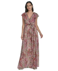 Jessica Howard Women's Metallic Floral-print V-neck Surplice Gown