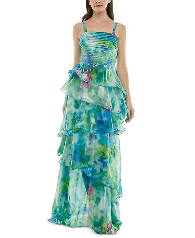Taylor Women's Pleated-Bodice Tiered Chiffon Gown