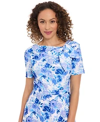 London Times Petite Floral-Print Bow-Neck Midi Dress