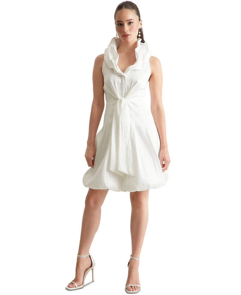 London Times Petite Ruffle-Collar Bubble-Hem Dress