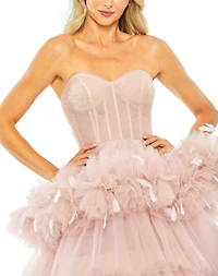Mac Duggal Women's Strapless Tulle Gown with Feather Detail
