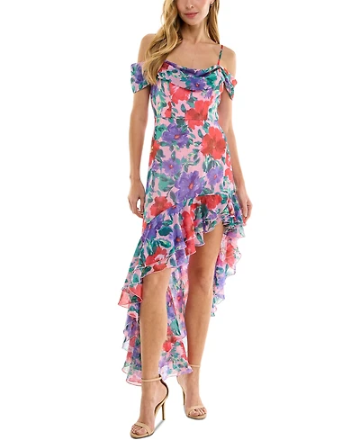 City Studios Juniors' Floral-Print Cold-Shoulder Ruffle-Trim Dress