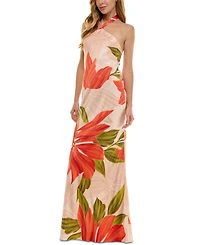 Seni & Cade Juniors' Printed Halter-Neck Satin Long Dress