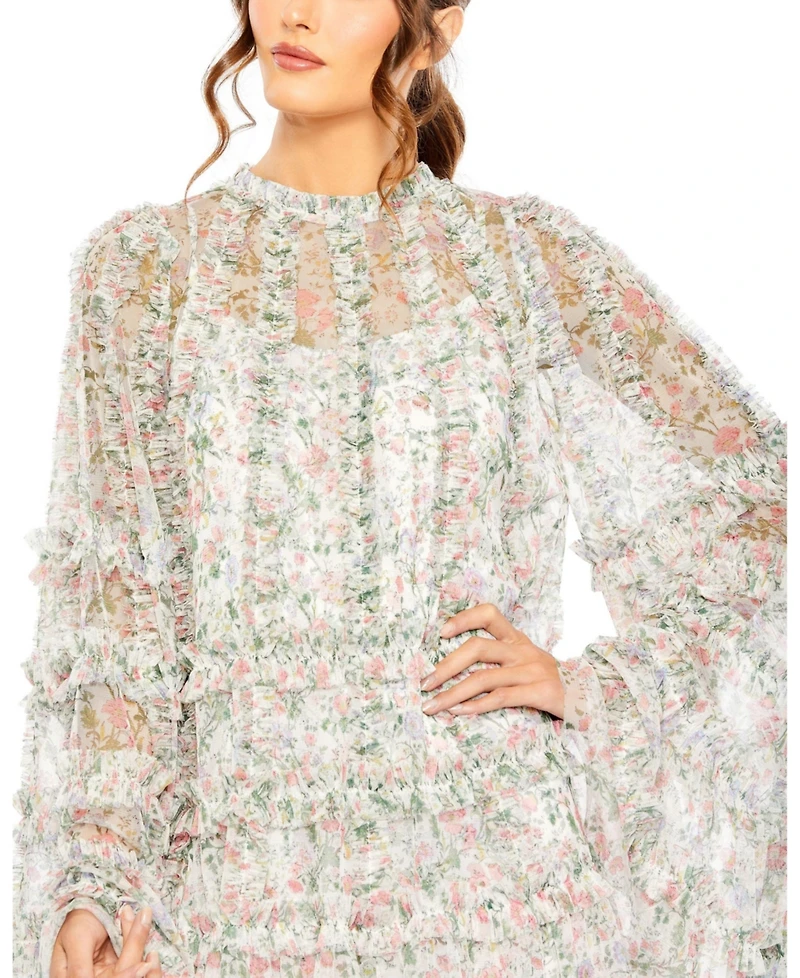Mac Duggal Women's Floral Print Long Flare Sleeve Mesh A-Line Dress