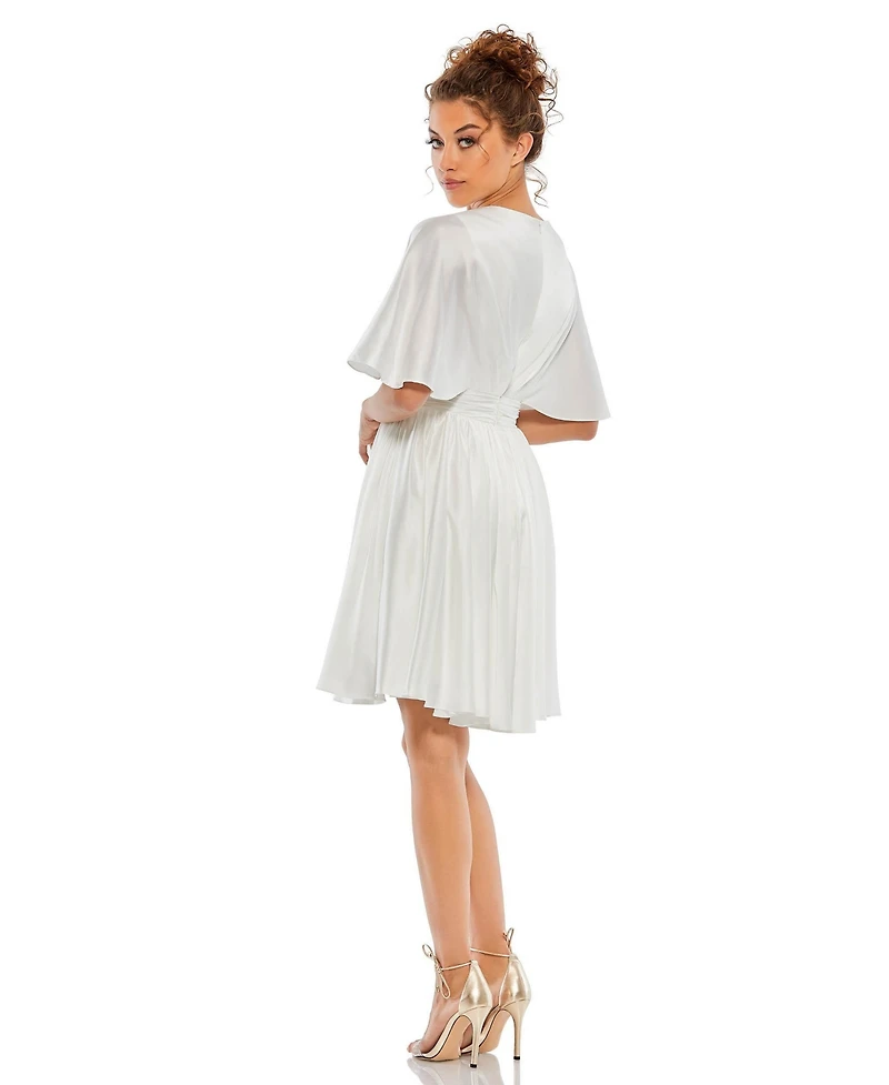 Mac Duggal Women's Satin Flowy Cape Sleeve Mini Dress