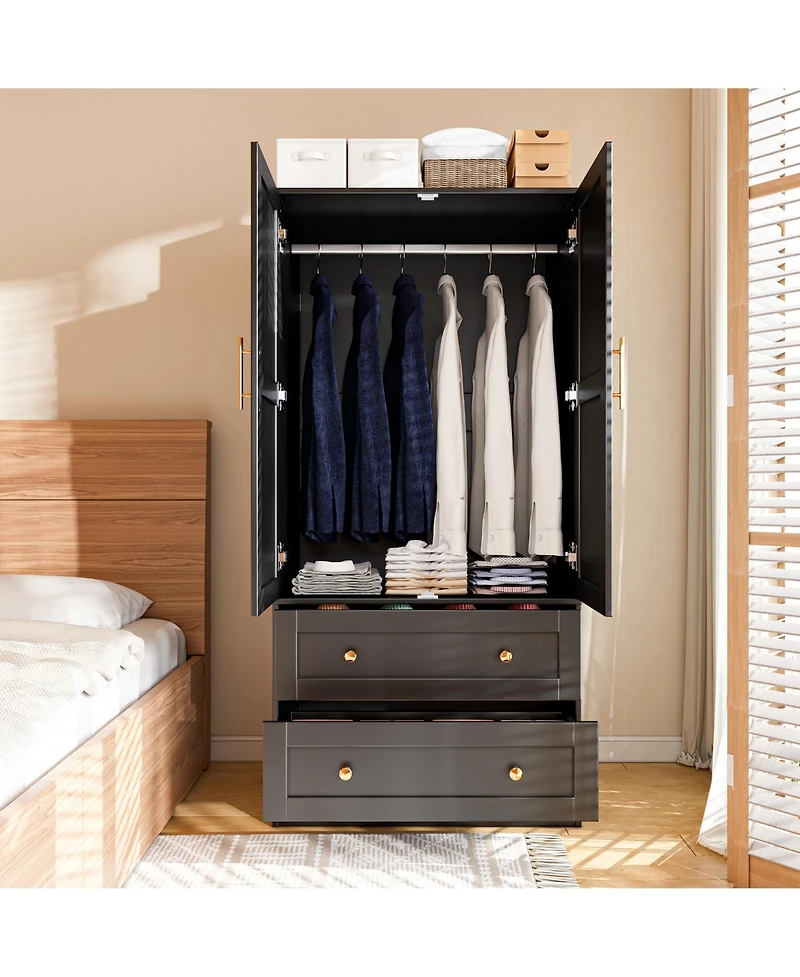 Lovmor Shaker Style Classic Two-Door Wardrobe, Solid Wood Bedroom Armoire with Hanging Rod and Shelves