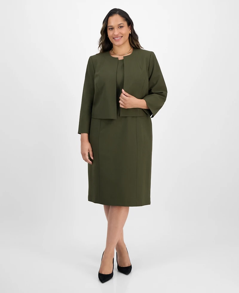 Le Suit Plus Open-Front Collarless Jacket and Sheath Dress Set