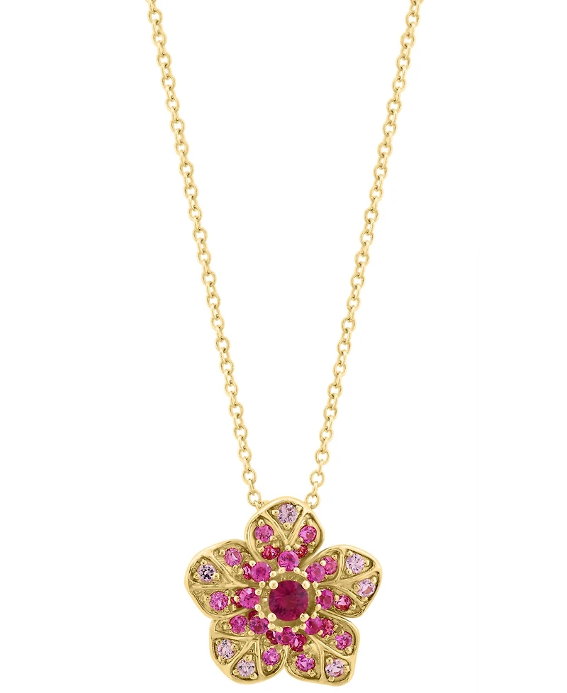 Effy Pink Sapphire (5/8 ct. t.w.) & Ruby (1/10 ct. t.w.) Flower Pendant Necklace in 14k Rose Gold, 17" + 1" extender