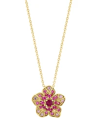 Effy Pink Sapphire (5/8 ct. t.w.) & Ruby (1/10 ct. t.w.) Flower Pendant Necklace in 14k Rose Gold, 17" + 1" extender