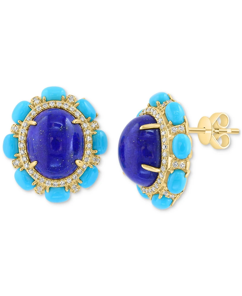 Effy Lapis Lazuli, Sleeping Beauty Turquoise & Diamond (1/4 ct. t.w.) Halo Stud Earrings in 14k Gold