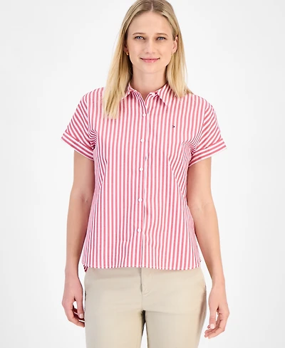 Tommy Hilfiger Women's Cotton Striped Cuffed-Sleeve Shirt