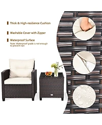 Gymax 3PCS Patio Outdoor Rattan Conversation Set Garden Yard w/ Cushions Coffee Table