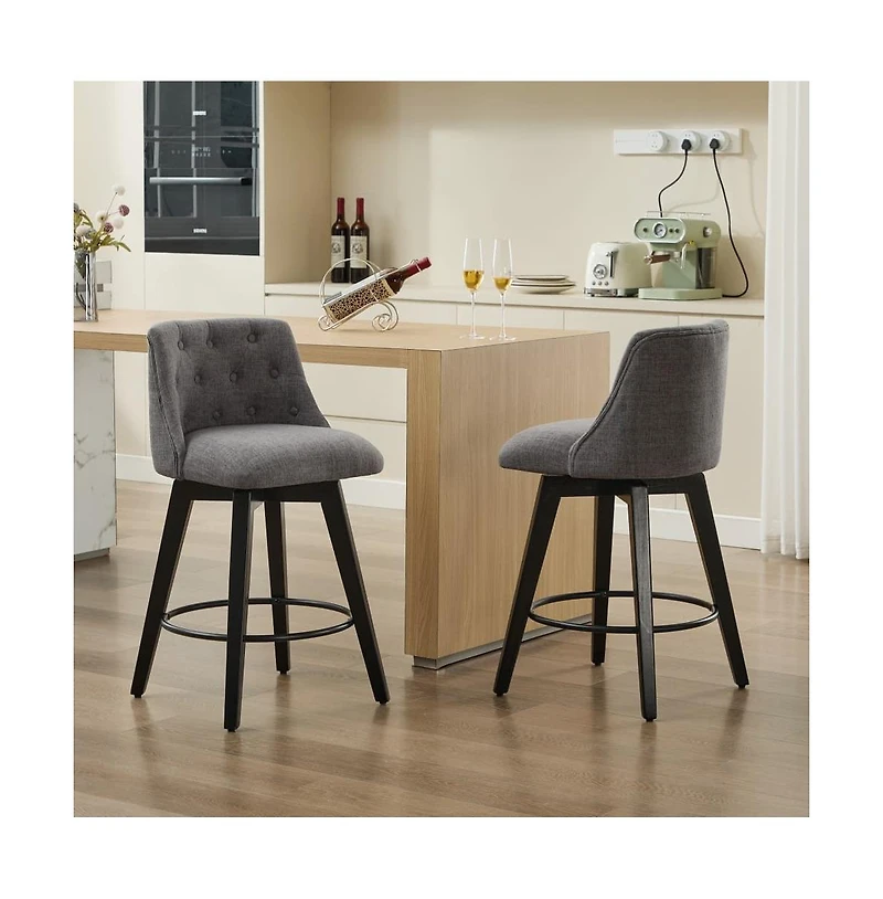 Set of 2 Swivel 25'' Counter Height Stools, Linen Upholstered Kitchen Island Chairs with Tufted Back -The Pop Home