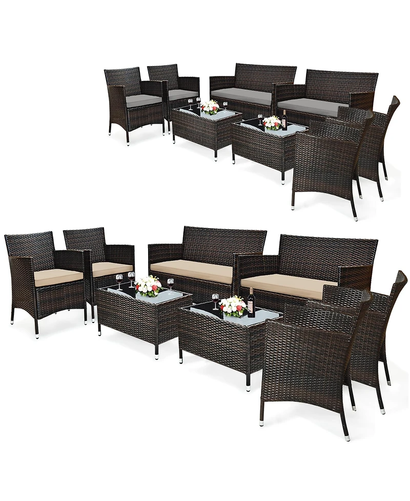 8PCS Rattan Patio Furniture Set Cushioned Sofa Chair Coffee Table