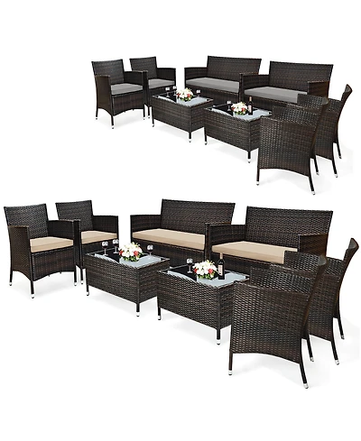 8PCS Rattan Patio Furniture Set Cushioned Sofa Chair Coffee Table