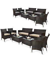 8PCS Rattan Patio Furniture Set Cushioned Sofa Chair Coffee Table