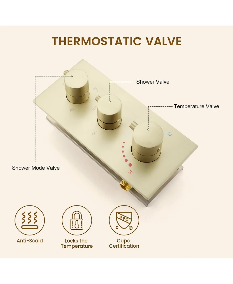 Casainc Wall Mounted Thermostatic Shower System With Body Jets Handheld