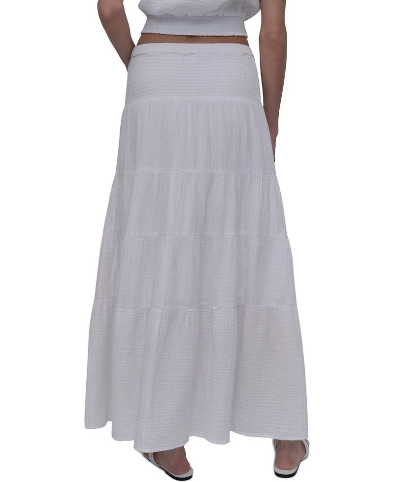 Dkny Jeans Women's Cotton Smocked-Waist Tiered Maxi Skirt