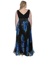 Eliza J Plus Size V-Neck Printed Pleated Organza Gown