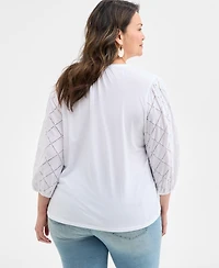 Style & Co Plus Solid Split-Neck Eyelet Top, Exclusively at Macy's