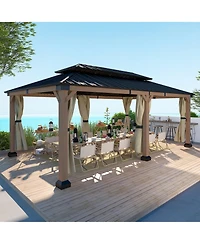 12 x 20 Feet Cedar Solid Wood Frame, Galvanized Steel Double Top Gazebo, Equipped with 4 Waterproof Curtains