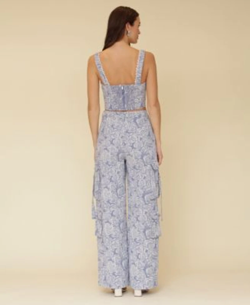 Avec Les Filles Womens Floral Print Lace Trim Square Neck Corset Top Floral Print Wide Leg Cargo Pants