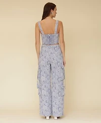Avec Les Filles Womens Floral Print Lace Trim Square Neck Corset Top Floral Print Wide Leg Cargo Pants